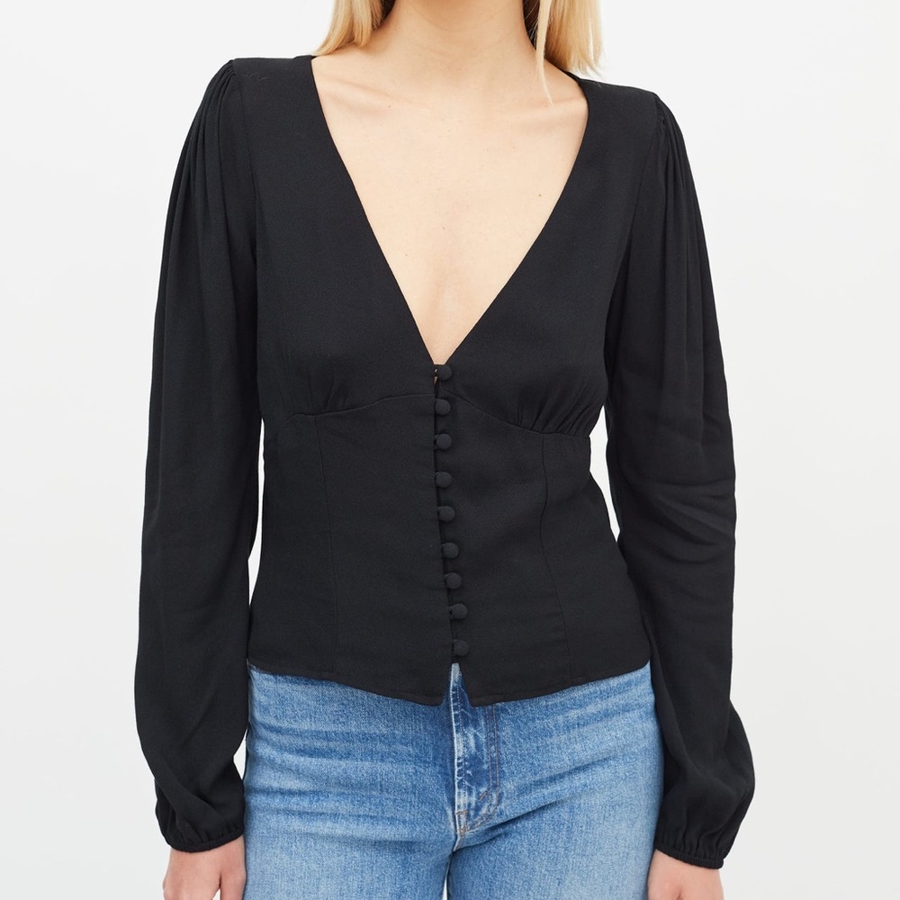 Reformation “Nell” Long Sleeve Blouse, Black, Medium